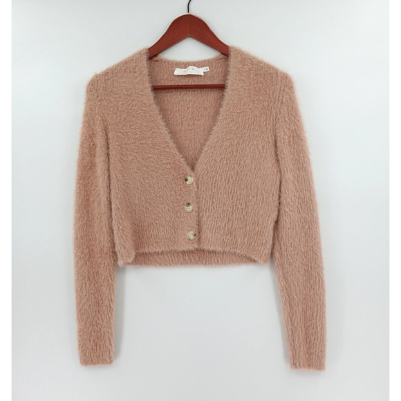 ASTR The Label Lorain Cardigan Womens Medium Pink Clay Fuzzy Cropped Timeless - Picture 1 of 13